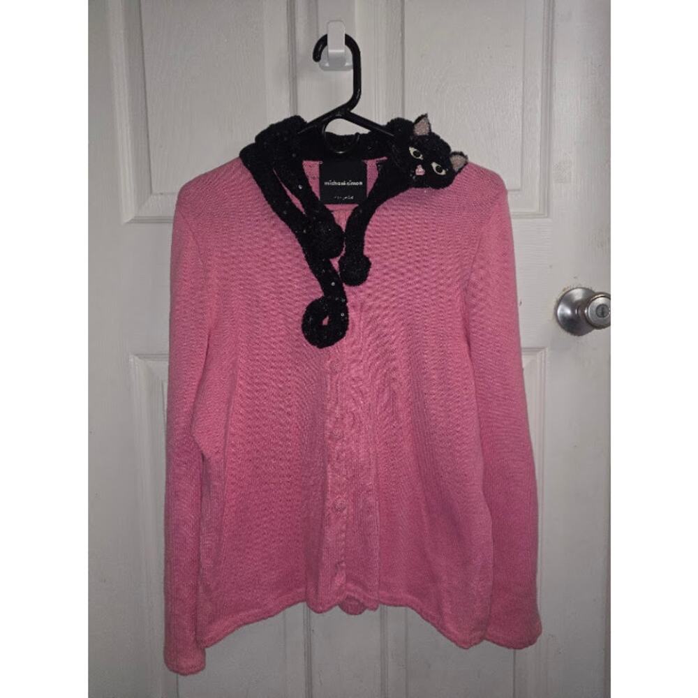 Michael Simon Y2K Cat Collar Pink Cardigan Womens L Black Cat Whimsical Cottage